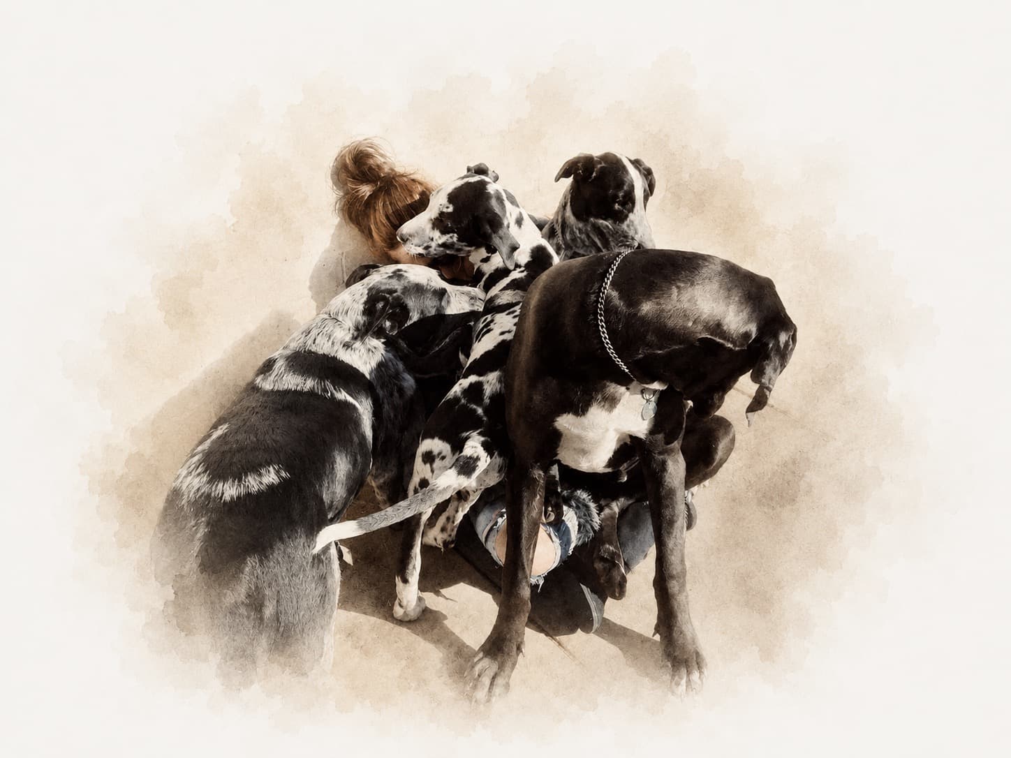 Sophie crouched low, surrounded by all four of her dogs