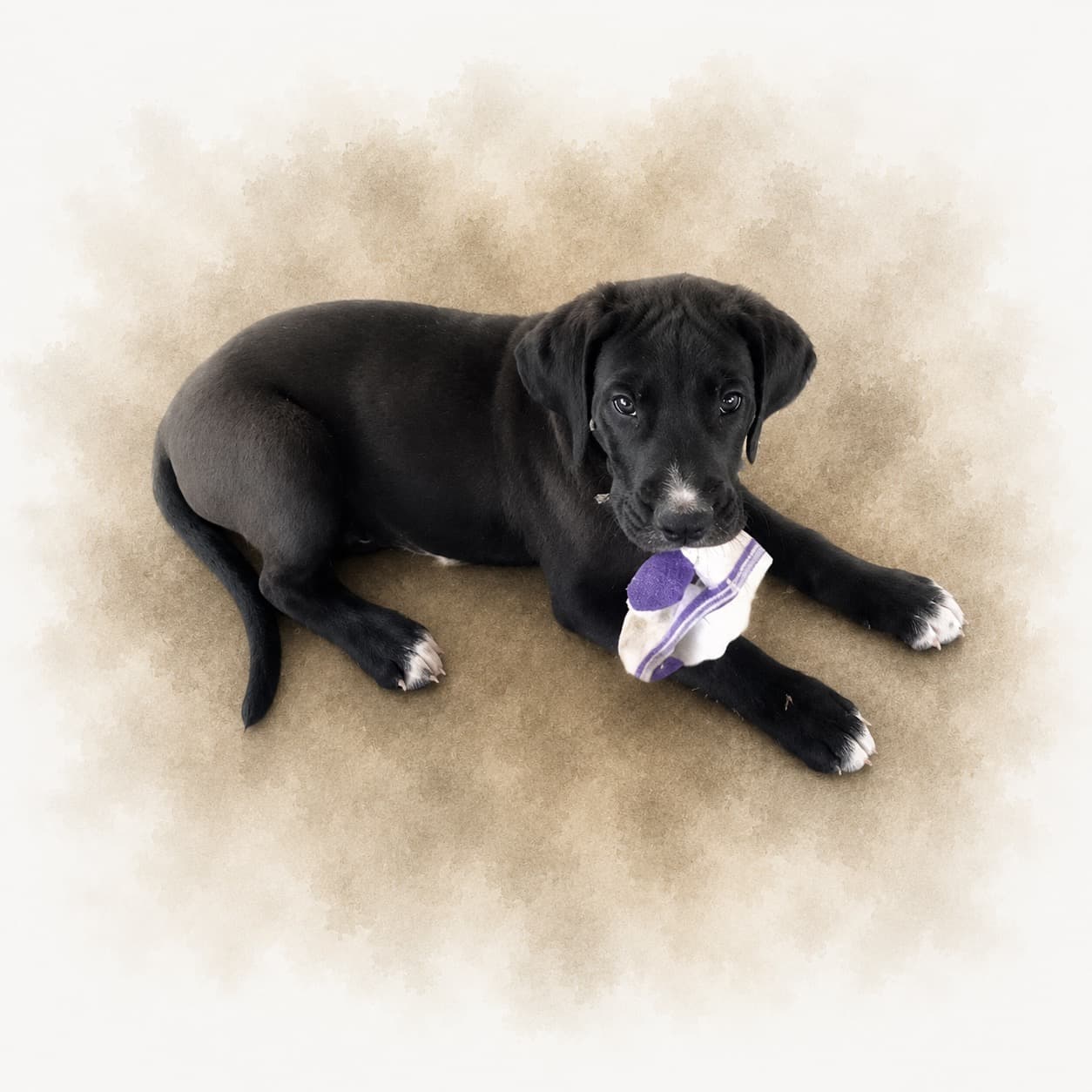 A puppy from Sophie's family of four with a favourite sock