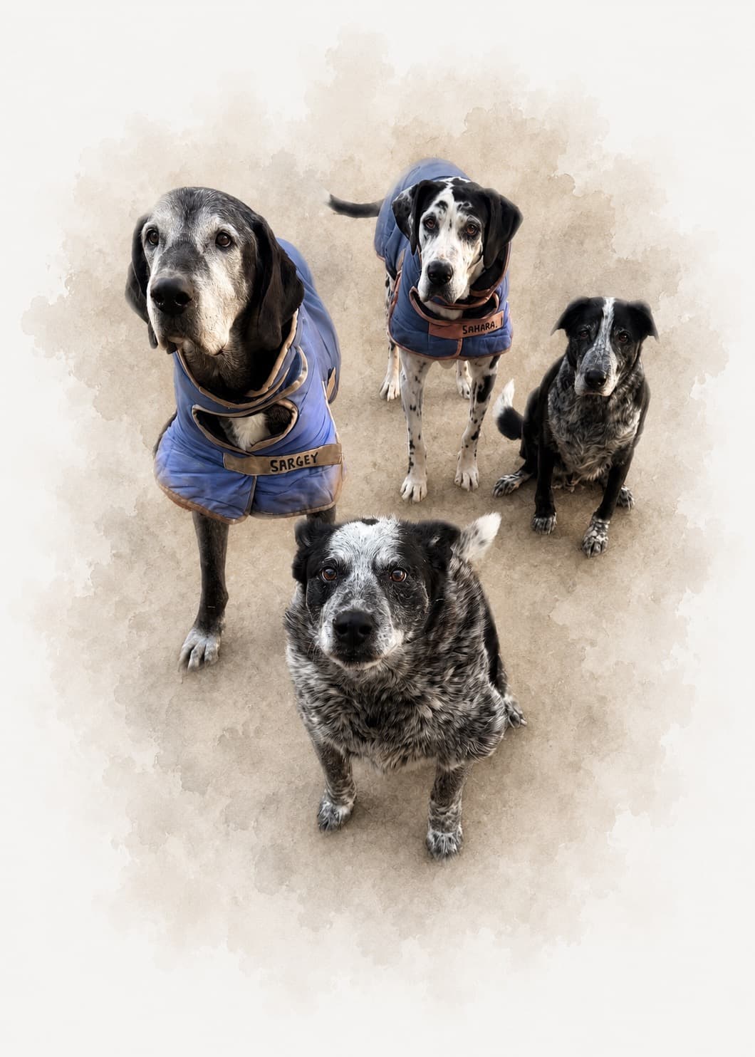Sargey, Sahara, Slick and Solē together in their later years, two wearing name coats